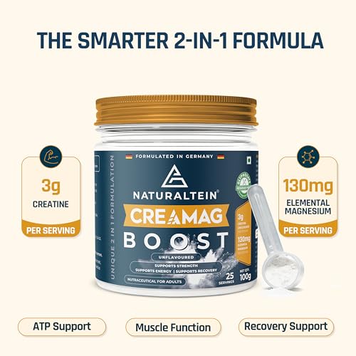 Image of Naturaltein CreaMag Boost | India's First Creatine + Magnesium Bisglycinate Formula | 3g Creatine Monohydrate & 130mg Elemental Magnesium Per Serving | Glyphosate Residue Free | Supports Strength, Energy & Recovery | Unflavoured | 100g (25 Servings)
