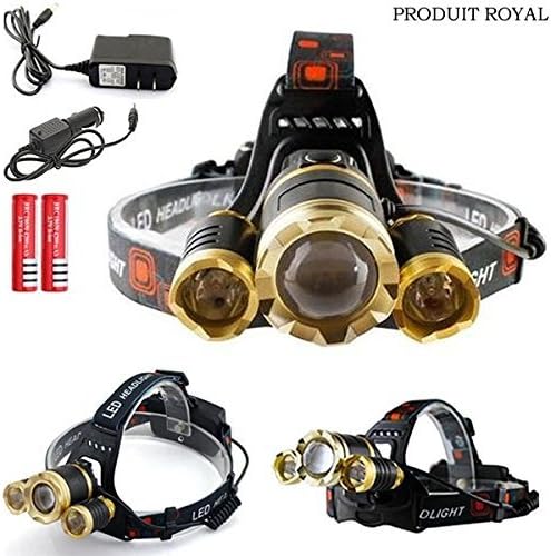 Produit Royal Tactical 30000 Lumens LM Cree 3X XML T6 LED Headlamp Headlight Lamp Flashlight Torch Zoom Able Adjustable 4 Modes and Degree 2x 18650 Battery Rechargeable with AC Charger and Car Charger