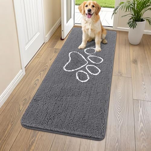 Image of Smiry Dog Door Mat for Muddy Paws, Absorbent Dirt Trapper Non Slip Quick Dry Washable Chenille Mat for Mud Dogs, Entry Rug for Indoor and Outdoor (59x24 Inches, Dark Grey and White)
