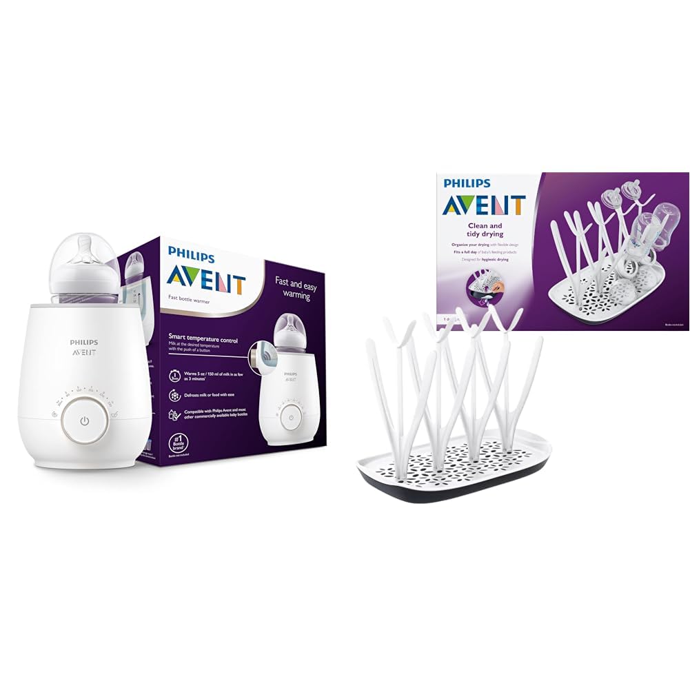 Philips Avent SCF358/00 Ogrzewacz do Butelek do Szybkiego i Równomiernego Podgrzewania Mleka i Żywności dla Niemowląt, Biały & Philips Avent SCF149/00 Stojak do Suszenia Butelek, Biały/Niebieski