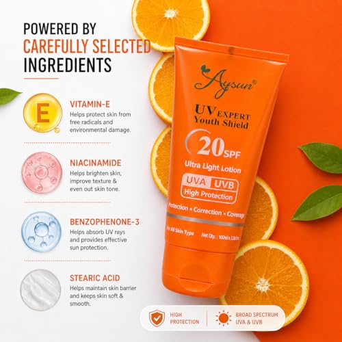 Image of Aysun SPF20 Ultra Light Lotion,Brightens and Moisturises skin with Hyaluronic & Niacinamide, Water & Sweat Resistant, No White Cast, Normal, Oily, Dry Skin Types, Oil Free - 100Gm