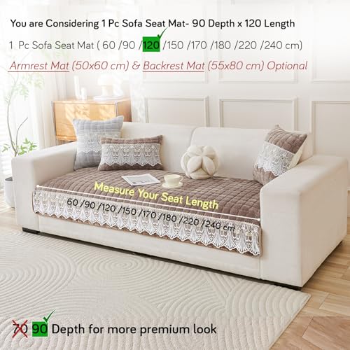 Image of HOKIPO 'BelleLace Series' Imperial Milk Velvet Sofa Cover Mat with Lace Design| Make Your Own Sofa Cover Set, Mat Length 90(D) x 120(L) cm, Mocha Brown (AR-5964-BRN)