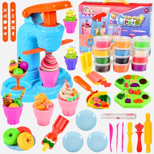 Crelloci 34 PCS Ice Cream Play Color Dough Set Dough Accessories with Ice Cream Maker Machine Kitchen Creations Pizza Color Dough Play Sets for Kids 3 4 5years Boys and Girls