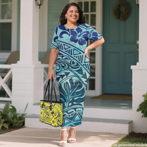 Image of Polynesian Dress for Women Short Sleeve High Waist Maxi Skirt | Puletasi dress, t-shirt and skirt two-piece, elastic material, lightweight, soft, plus size, luau party, wedding, clubwear