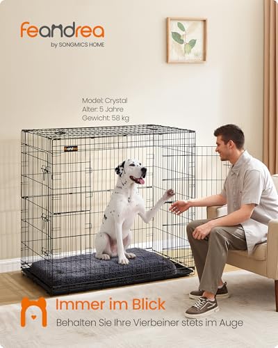 Feandrea Hundekäfig, klappbar, mit 2 Türen, ausziehbare Kunststoffschale, 122 x 74 x 114 cm, XXL, hoch, schwarz PPD050B01