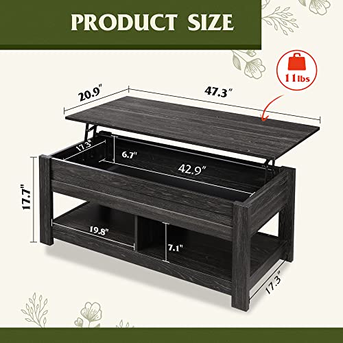 Image of WLIVE Modern Lift Top Coffee Table,Rustic Coffee Table with Storage Shelf and Hidden Compartment,Wood Lift Tabletop for Home Living Room,Black