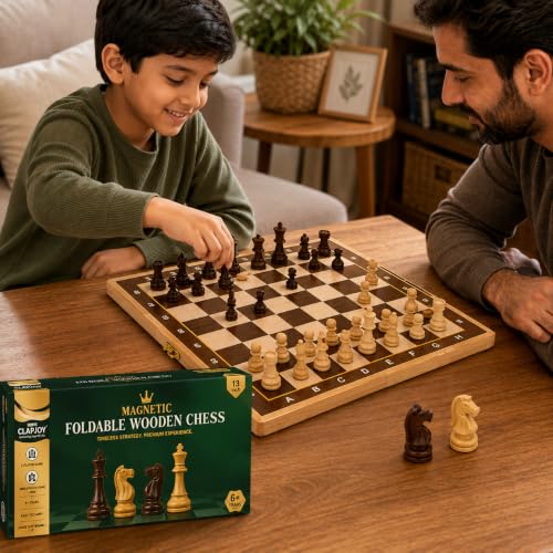 Image of Clapjoy Magnetic Chess Board Game Set| 13 * 13 Inch Folding & Travel Friendly Portable Strategy Game for Kids & Adults | 2 Player Board Game for Travel, Learning & Fun