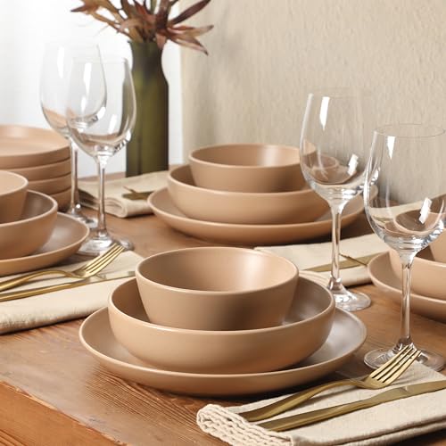 Image of Gibson Elite Leeds Court Plates and Bowls Sets, 16-Piece Stoneware Dinnerware Sets, Terracotta, Round Speckle Reactive Glaze Dish Set