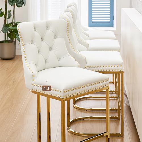 Image of UVV Counter Height Bar Stools Set of 3, 26 inch Modern Barstools with Back, Frbric Upholstery Counter Chairs with Metal Legs for Kitchen Island, Bar, Counter, White