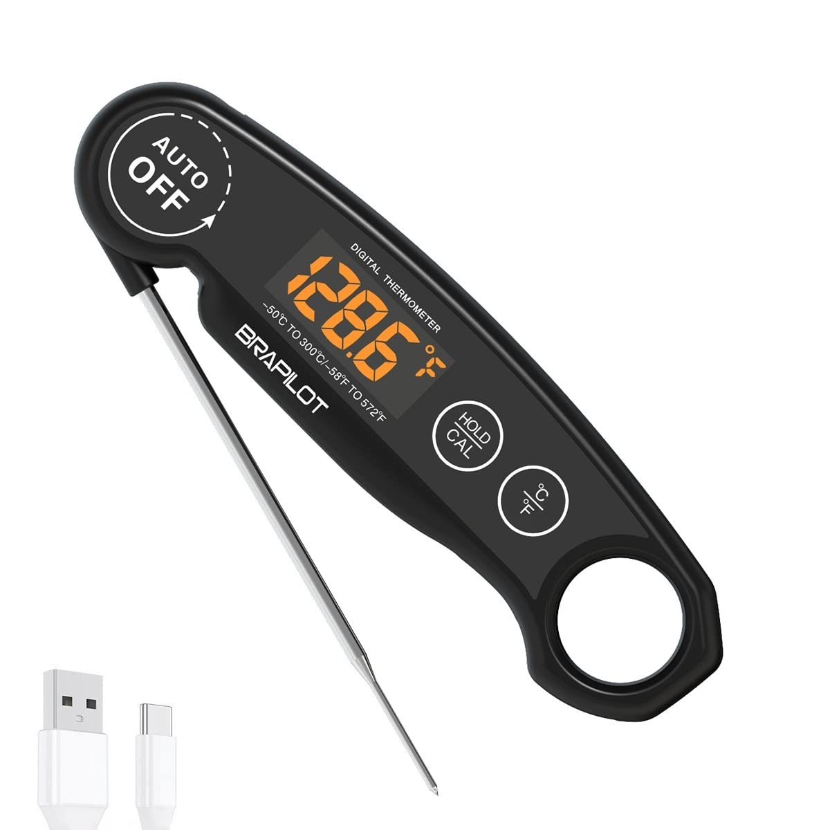Digital Meat Thermometer Rechargeable,Waterproof Kitchen Cooking Thermometer Probe,2-3S Instant Read for Steak Grill Water Milk Bread Airfryer BBQ Baking Oil Deep Fry Smoker (Black)