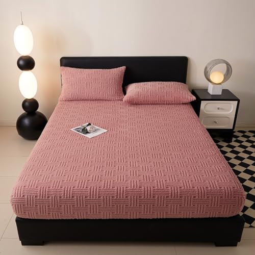 Protector de colchón de forro polar suave al tacto, 180 x 200 cm + 25 cm de profundidad, sábana de invierno de felpa con tacto de cachemira en rosa, ropa de cama acogedora y cálida esencial