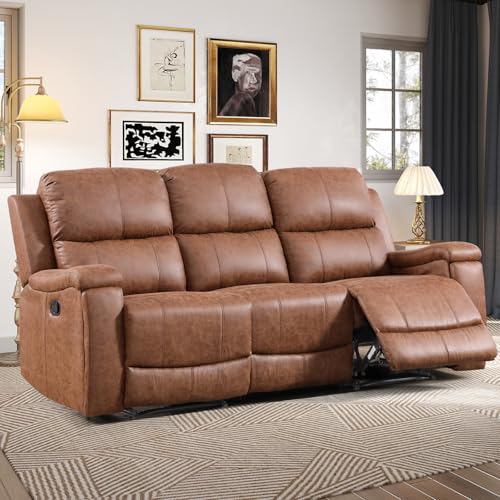 Image of CANMOV Faux Leather Manual Reclining Sofa,3 Seat Recliner Couch Sofa with Overstuffed Arms and Back,Manual Recliner Sofa Set with Concealed Cup Holders for Living Room,Brown
