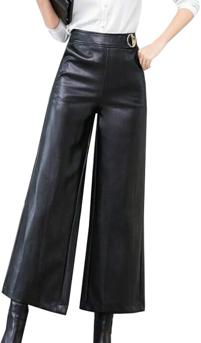 YM YOUMU Women PU Faux Leather Wide Leg Pants Vintage High Waist Punk