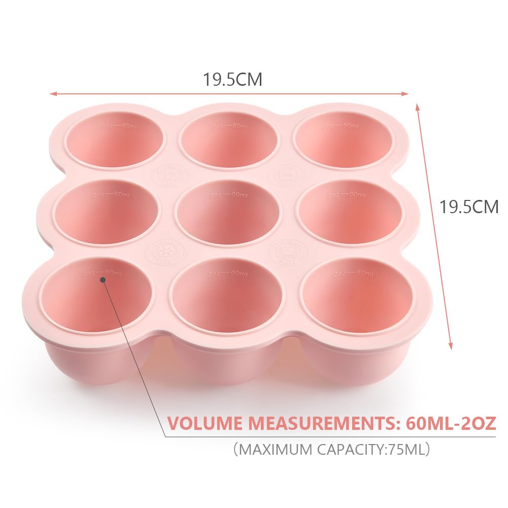 Aolso Contenitore Pappa per Bambini in Silicone, 9 Scomparti × 75ml Stampi Contenitori Pappa per Freezer Senza BPA, Vassoio in Silicone per Alimenti Neonati con Coperchio Rimovibile, Rosa