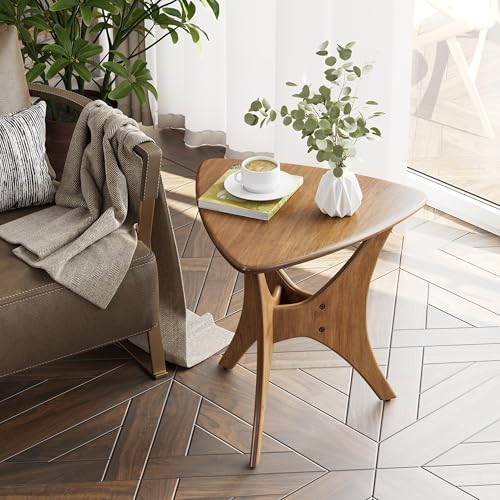COZAYH Modern Triangle Wood End Table with Cross-Leg Rubberwood Base Mid-Century Small Accent Side Table for Living Room Easy Assembly Natural Brown