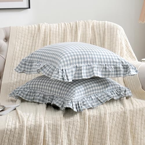 2 Pack Blue White Plaid Ruffle Throw Pillow Covers Farmhouse Checkered Chic Washed Cotton Pillowcases Gingham Pillow Shams for Bed, Sofa, Living Room-20"x20" Blue