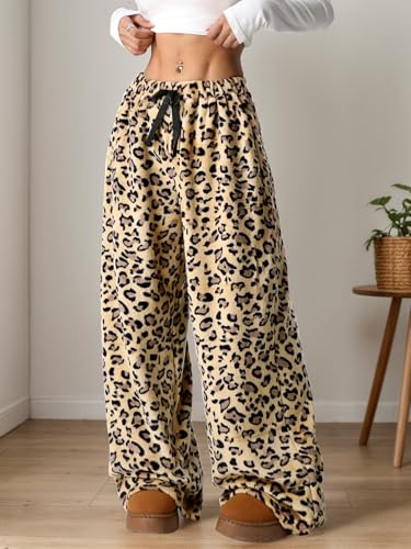 Womens Cheetah Print Fuzzy Fleece Pajama Pants Y2K Leopard Pants with Pockets Fall Winter Warm Pj Bottoms4