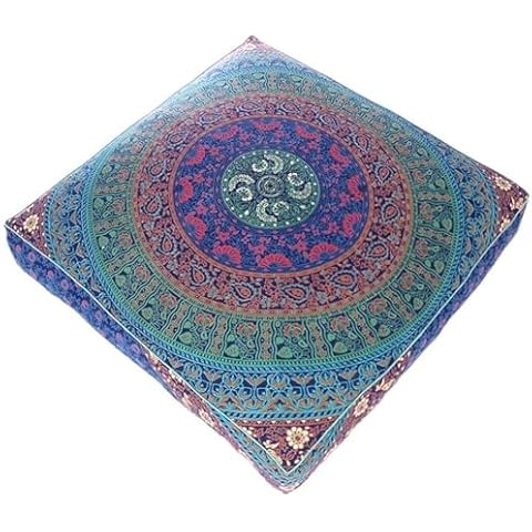 EYES OF INDIA - 35" Large Oversized Green Blue Floor Pillow Cover Pouf Meditation Cushion Seating Mandala Square Hippie Colorful Decorative Bohemian Accent Boho Chic dog bed Indian Handmade COVER ONLY Cover
