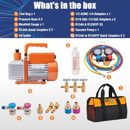 Image of BACOENG R32 R1234yf AC Vacuum Pump and Gauge Set, 4.0 CFM Sparkless HVAC Vacuum Pump Kit for AUTO /Mini Split System, for R32 R1234yf R134a R410a Refrigerants