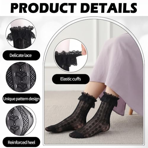 Image of Jspupifip 6 Pairs Lace Ruffle Frilly Crew Socks for Women Girls | Cotton Breathable Cute Princess Ankle Dress Lace Socks Thin Cool Casual Socks