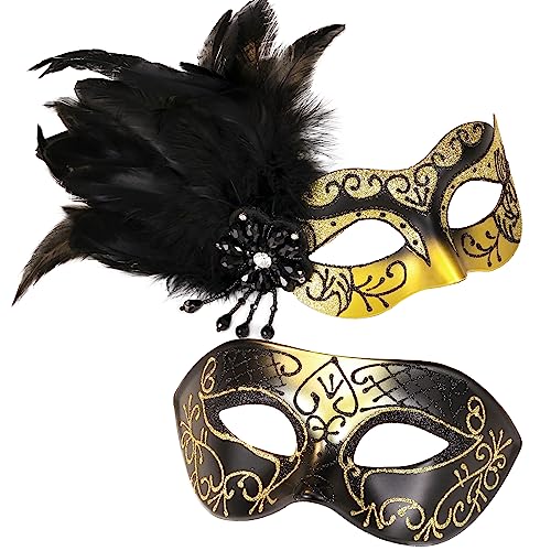 MYSEUNI Glod Masquerade Mask for Couples, Women's Mask with Feathers & Venetian Masks for Men, Party, Mardi Gras, Halloween