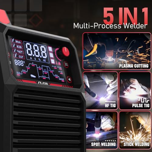 YESWELDER CT-520 Tig Welder & Plasma Cutter, 5-In-1 CUT/HF TIG/Pulse TIG/Spot Welding/Stick, 200A TIG and Stick & 50A Plasma Cutting, 110/220V Dual Voltage Multifunctional Welding Machine
