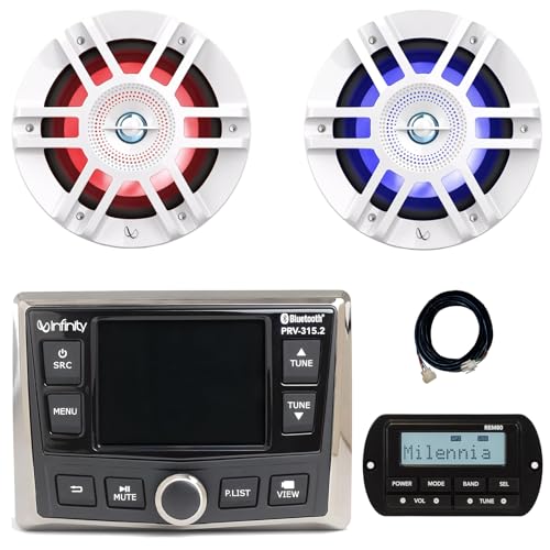 Infinity PRV-315.2 Marine Gauge Hole Mount USB Bluetooth AM/FM/WB Radio Receiver, Wired Remote W/ 20-Foot Extension Cable, 2x 6.5