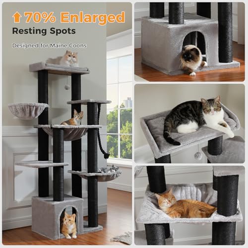 Image of MUTTROS Large Cat Tree-67 Maine Coon Cat Tower for Indoor Cats Large Adult with 7 Thick Black Scratching Posts (φ4.3), Multi-Level Condo, Big Perch & Hammocks -Black