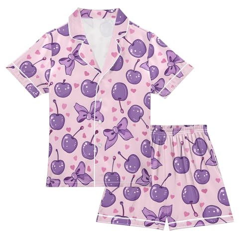ALAZA Cherry Bow Pajamas Satin Pajama Set Short Sleeve Button Down Sleepwear