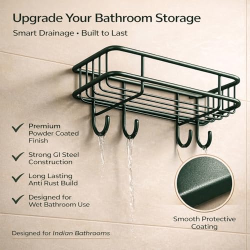 Image of DALUCI Bathroom Organiser Without Drill Self Adhesive Bathroom Shelf for Wall GI Steel Powder Coated Rustproof Bathroom Rack Stand for Shampoo Toiletries Heavy Duty (Black, Pack of 1)