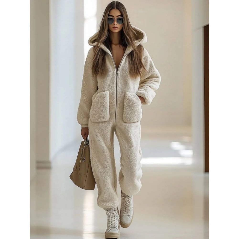 Pigiama intero da donna in pile con cappuccio, cerniera a lunghezza intera e tasche laterali per una vestibilità calda e confortevole