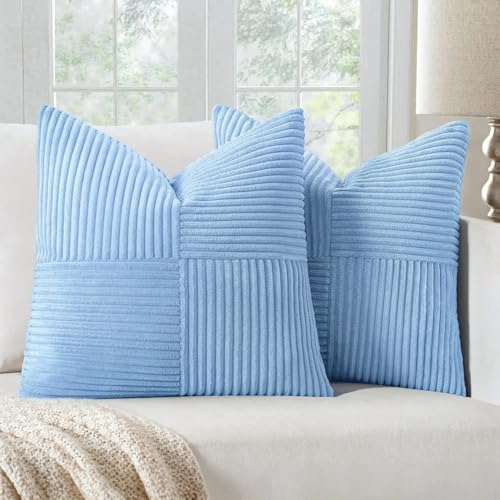 Image of MIULEE Light Blue Decorative Throw Pillow Covers 18x18 Inch for Couch Bed Sofa Pack of 2 Boho Farmhouse Throw Pillows Soft Cross Corduroy Patchwork Textured Cushion Cases