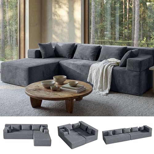 Image of MONVANE 106 inch Cloud Sectional Couch with L-Shaped Chaise, Modular Sectional Sofa with Deep Seat and Removable Armrests, Comfy Corduroy Boneless Couches for Living Room, No Assembly Required, Grey