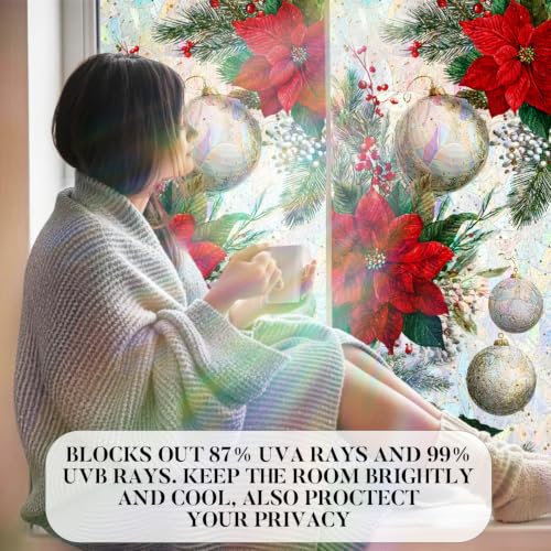 Image of Poinsettia Holographic Ornament Window Film 17.32x39.37in Cling