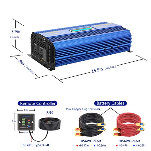 Pure Sine Wave Power Inverter 2000Watt car Converter DC 12V to 120V AC with 2 AC Outlets 2x2.4A USB Ports Remote Control and LCD Display by VOLTWORKS (12VBlue)