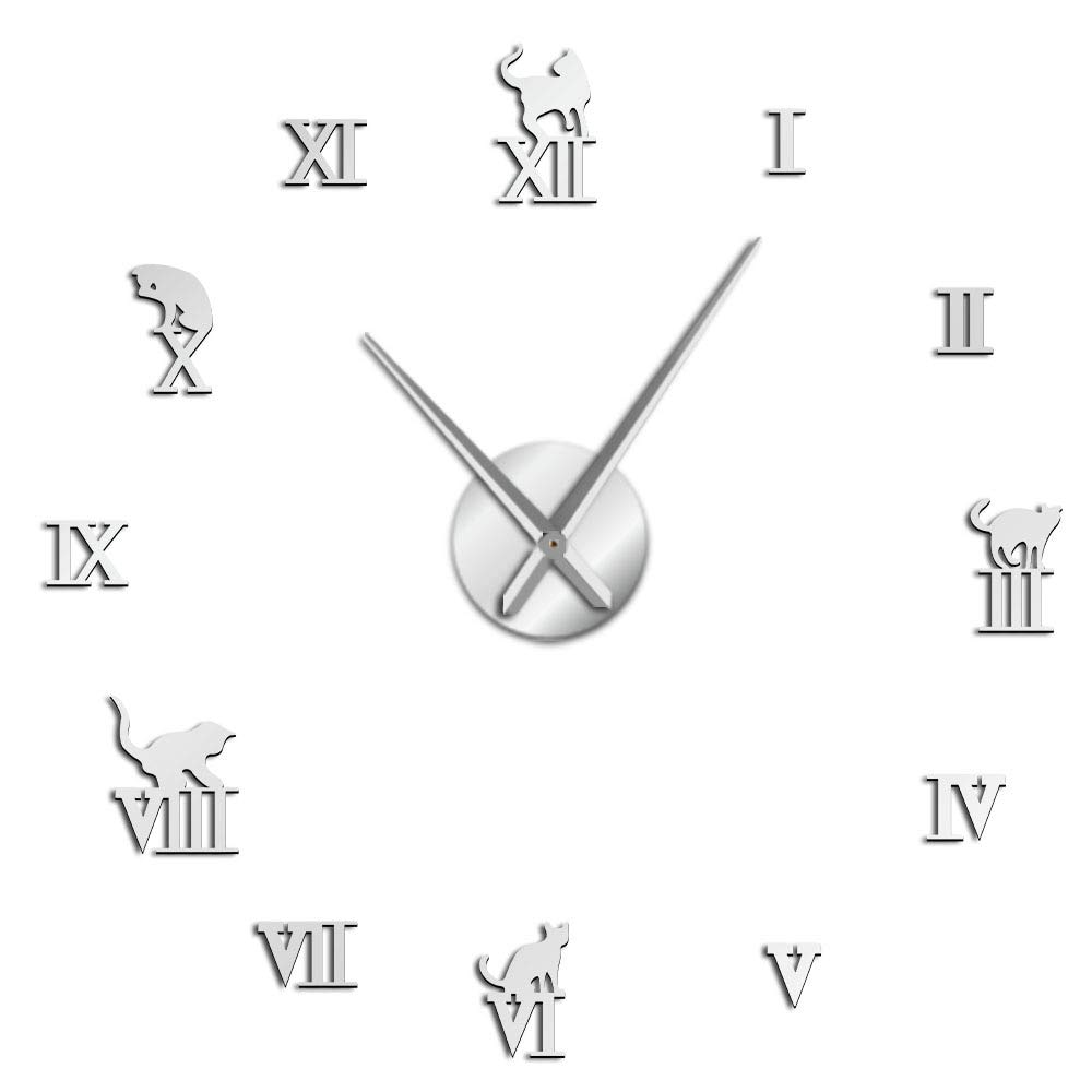 Vcs Silver 3D Large Wall Clock Diy Large Modern Frameless Home Decor Cat Big Clock Mirror For Bedroom Living Room Kittens Kitty Wall Decor(,37Inch)