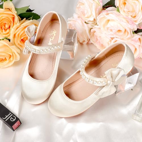 MEJORMEN Flower Girl Dress Shoes Mary Jane Ballet Flats Pearl Bowknot Princess Dress Shoes for Wedding Party School2