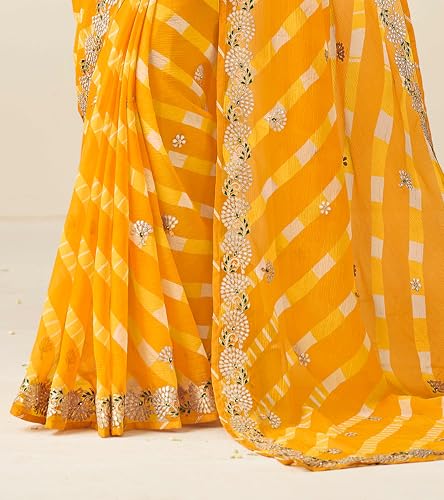 Image of Laxmipati Nazakat Floral Embroidered Chiffon Saree in Yellow Color with Unstitched Blouse