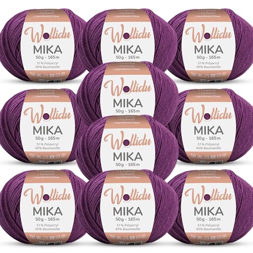 Wollidu Mika 51% Polyacryl 49% Baumwolle zum Häkeln und Stricken 10x 50g/165m Oeko-Tex Strickgarn Häkelgarn - Dunkellila