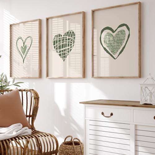Set of 3 Heart Wall Prints, Wall Art, Love Heart Prints, Sage Gre...