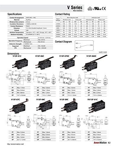V15F-09C, Micro Switch, Snap Action with Steel Roller Short Lever, SPDT 15A 120VAC
