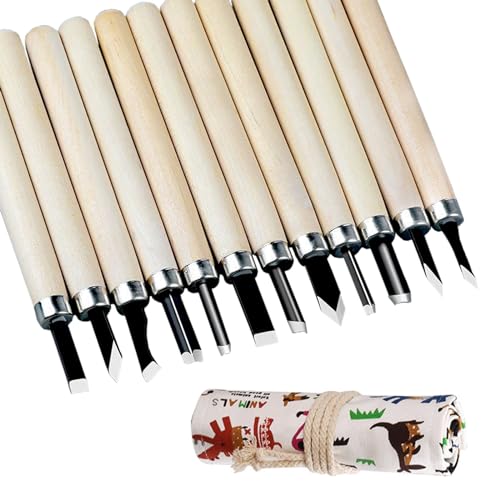 Wonglea Wood Carving Tools Set 12-Pcs Wood Whittling Kit with Canvas Roll Bag Wood Carving Knife Kit for Beginners Kids & Adults DIY Craft Gift Set