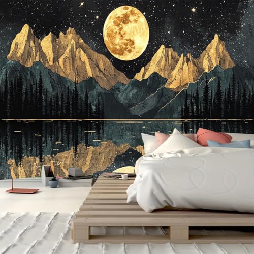 FENDROM Gold and Black Mountains Tapestry Watercolor Nature Forest Tree Tapestries Aesthetic Starry Night Moon Wall Hanging Lake Reflection Woodland Abstract Wall Art for Living Room Bedroom Dorm