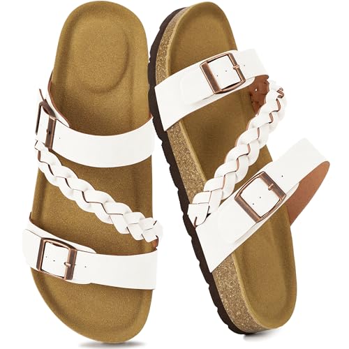 Image of HARENCE Flat Sandals for Women 2026 Comfort Cork Footbed with Adjustable Buckle Summer Slides for Women for Vacation Walking