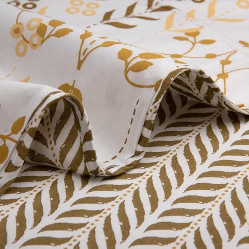 Image of HUESLAND 100% Cotton Reversible Dohar Single Bed Cotton | Soft Cambric Weave, Lightweight AC Blanket for Summer & All Weather Use | 56 x 89 inches, Petal - White, Moss Green & Mustard
