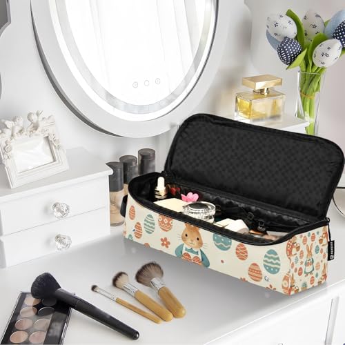 Estuche de viaje 2 en 1 para plancha y rizador con tapete resistente al calor y organizador de accesorios para herramientas de peinado, diseño con estampado de conejito de Pascua y huevos miniatura 7
