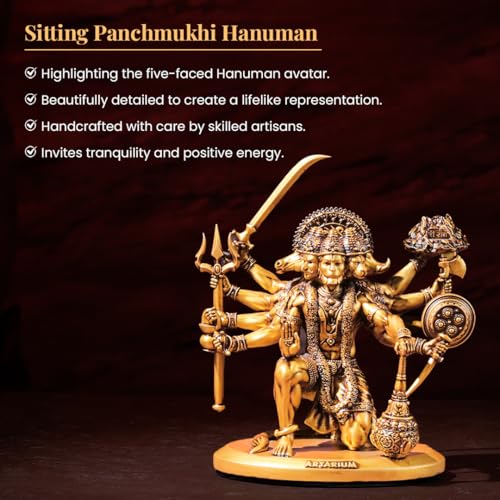 Image of Artarium Resin Gold Panchmukhi Hanuman Murti Bajrangbali Murti Statue Anjaneya Pavan Putra Sankat Mochan Bhagwan for Home Decor Protection (Sitting Panchmukhi Hanuman 6 Inch)