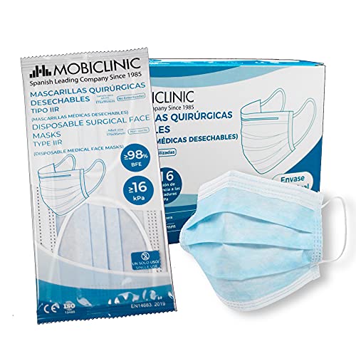 Mascarillas Quirrgicas IIR, 50 uds, Mobiclinic, Marca Espaola, Mascarillas mdicas homologadas, Envase individual, 3 capas, Filtracin bacteriana 99,8%, norma EN 14683:2019, Marcado CE