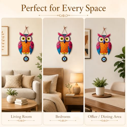 Image of GiftOday Owl Wall Hanging for Door & Home Decor | Evil Eye Protection Nazar Battu | Wooden MDF Bird Wall Art | Living Room, Bedroom, Entrance Decoration | 18 x 30 CM