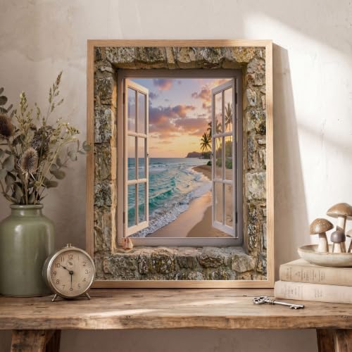 Lienzos decorativos de pared con ventana rústica y paisaje de playa naranja de 70x100cm